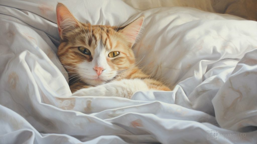 spayed cat resting on a bed